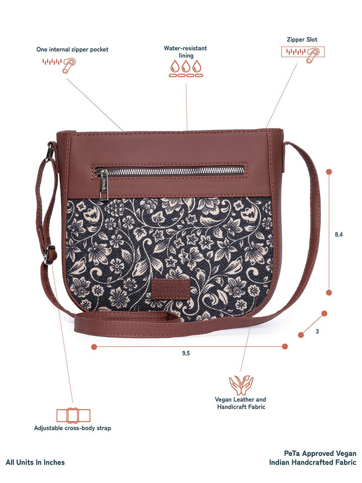 ZOUK Women Black & Brown Floral Printed Structured Sling Bag