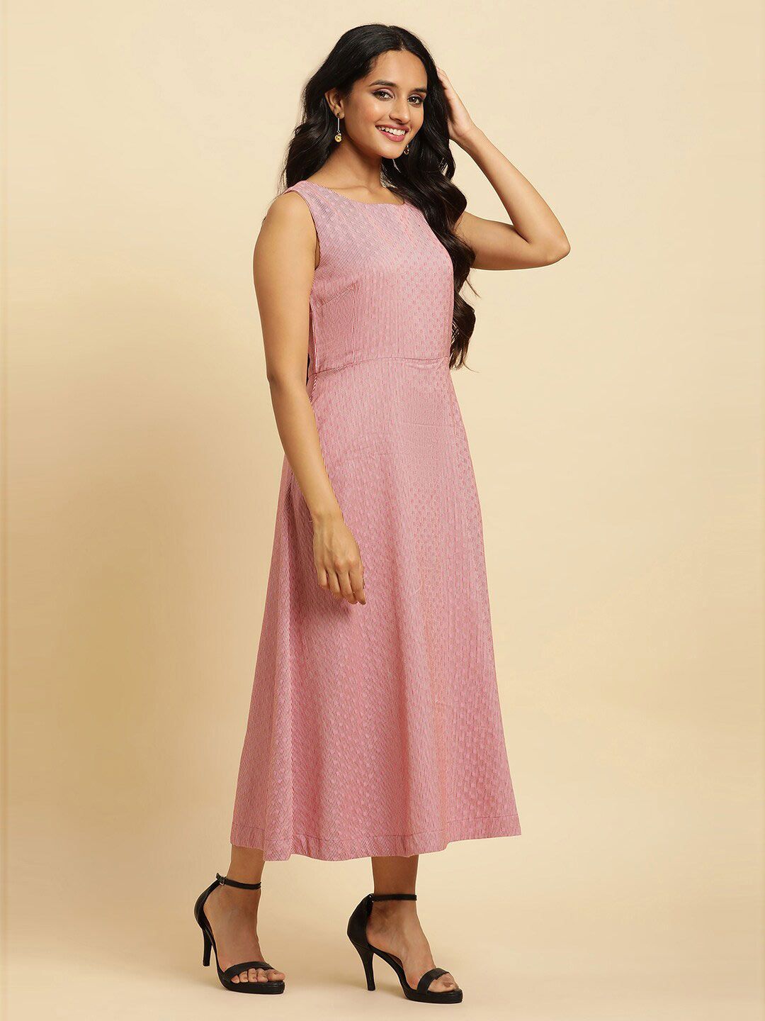 W Pink Round Neck Striped Cotton A-Line Midi Dress