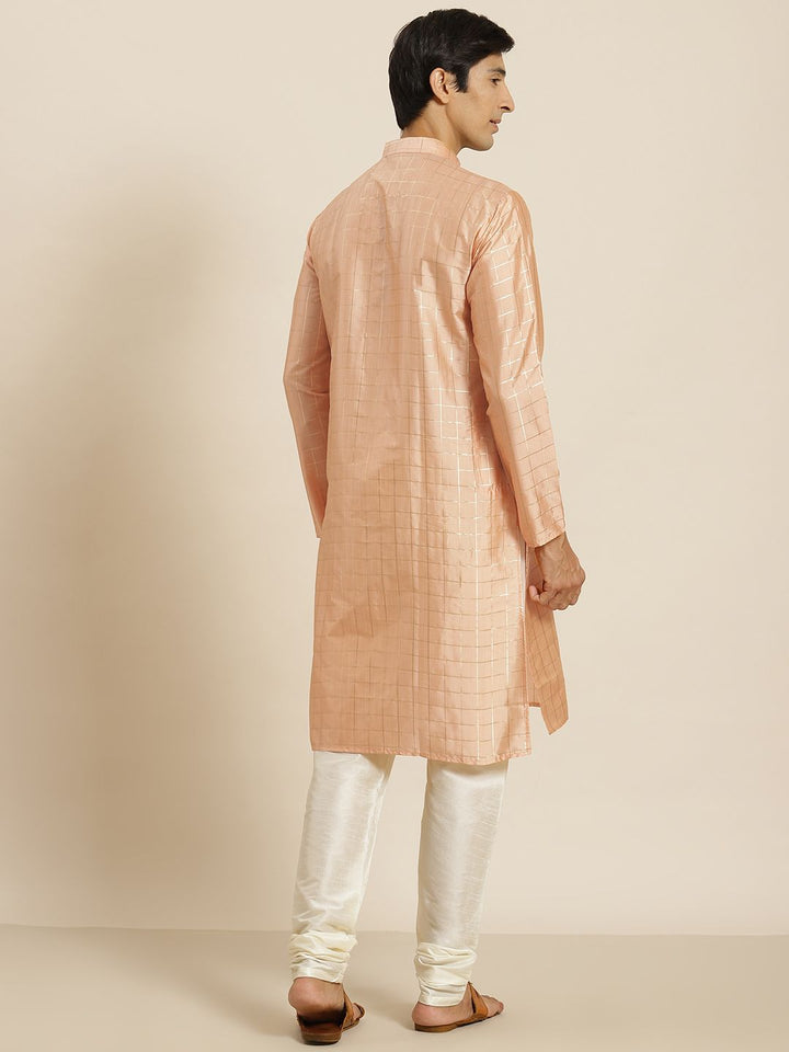 SOJANYA Kurta Berwarna Peach & Golden Checked Lelaki