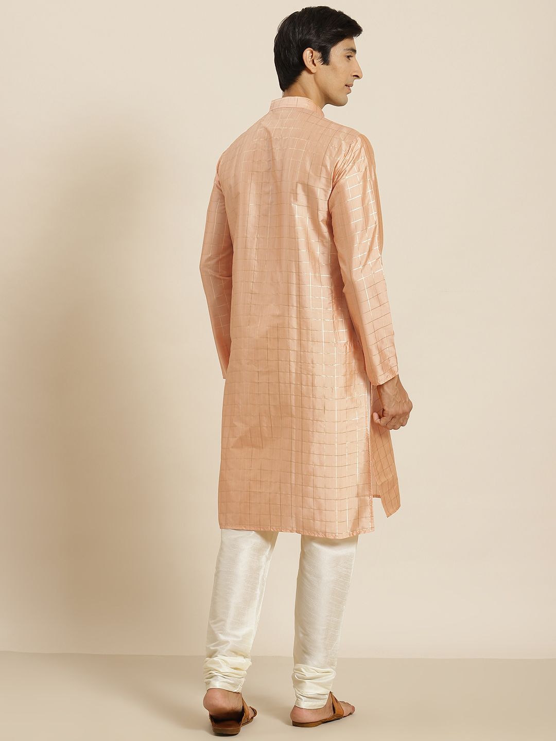 SOJANYA Kurta Berwarna Peach & Golden Checked Lelaki