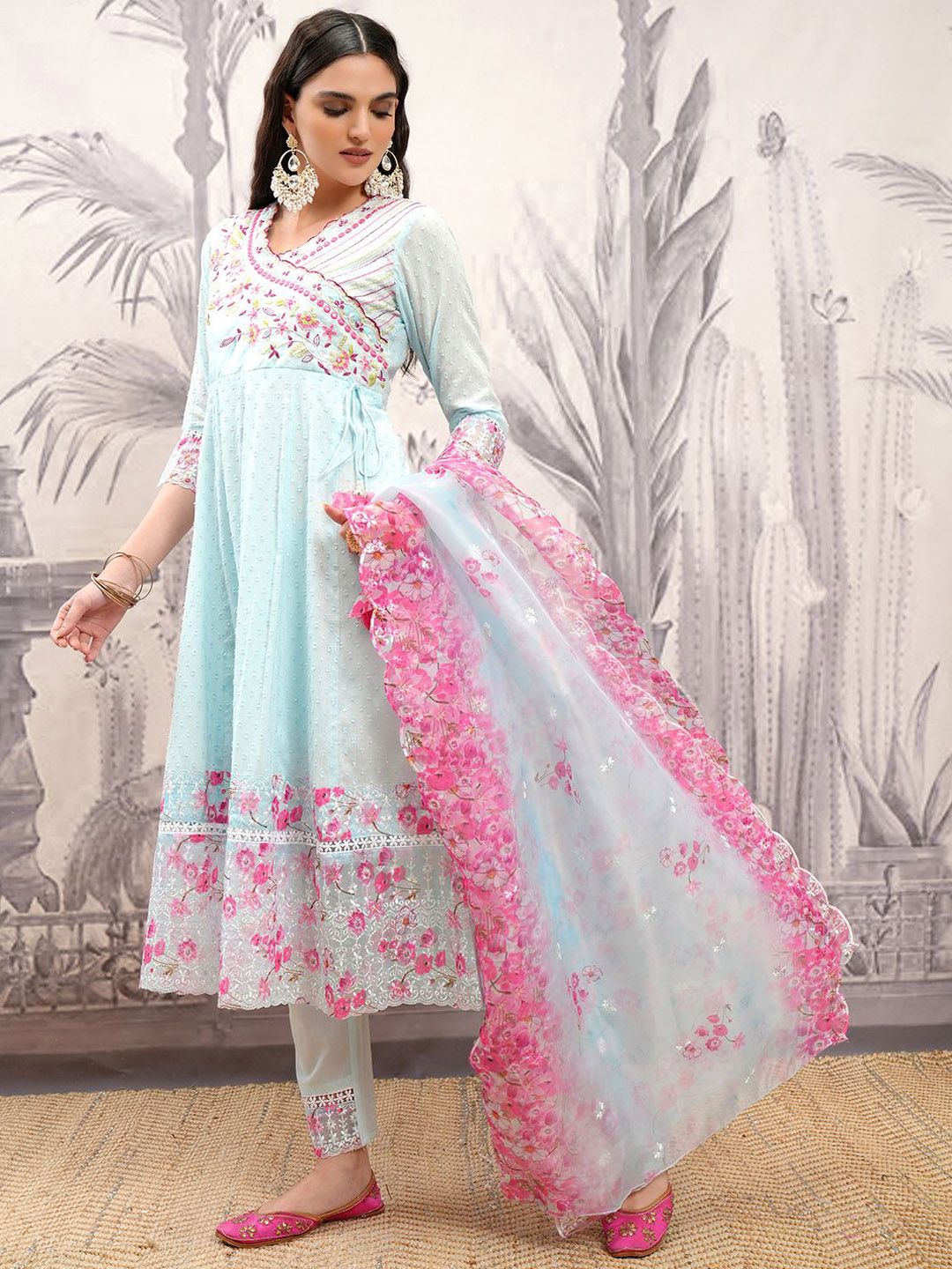 Vishudh Blue & Pink Floral Embroidered Pure Cotton Angrakha Kurta & Trousers With Dupatta