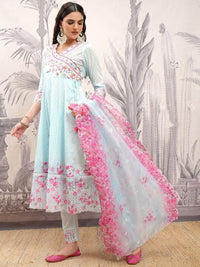 Vishudh Blue & Pink Floral Embroidered Pure Cotton Angrakha Kurta & Trousers With Dupatta