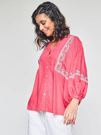 Global Desi Floral Embroidered Mandarin Collar Shirt Style Top