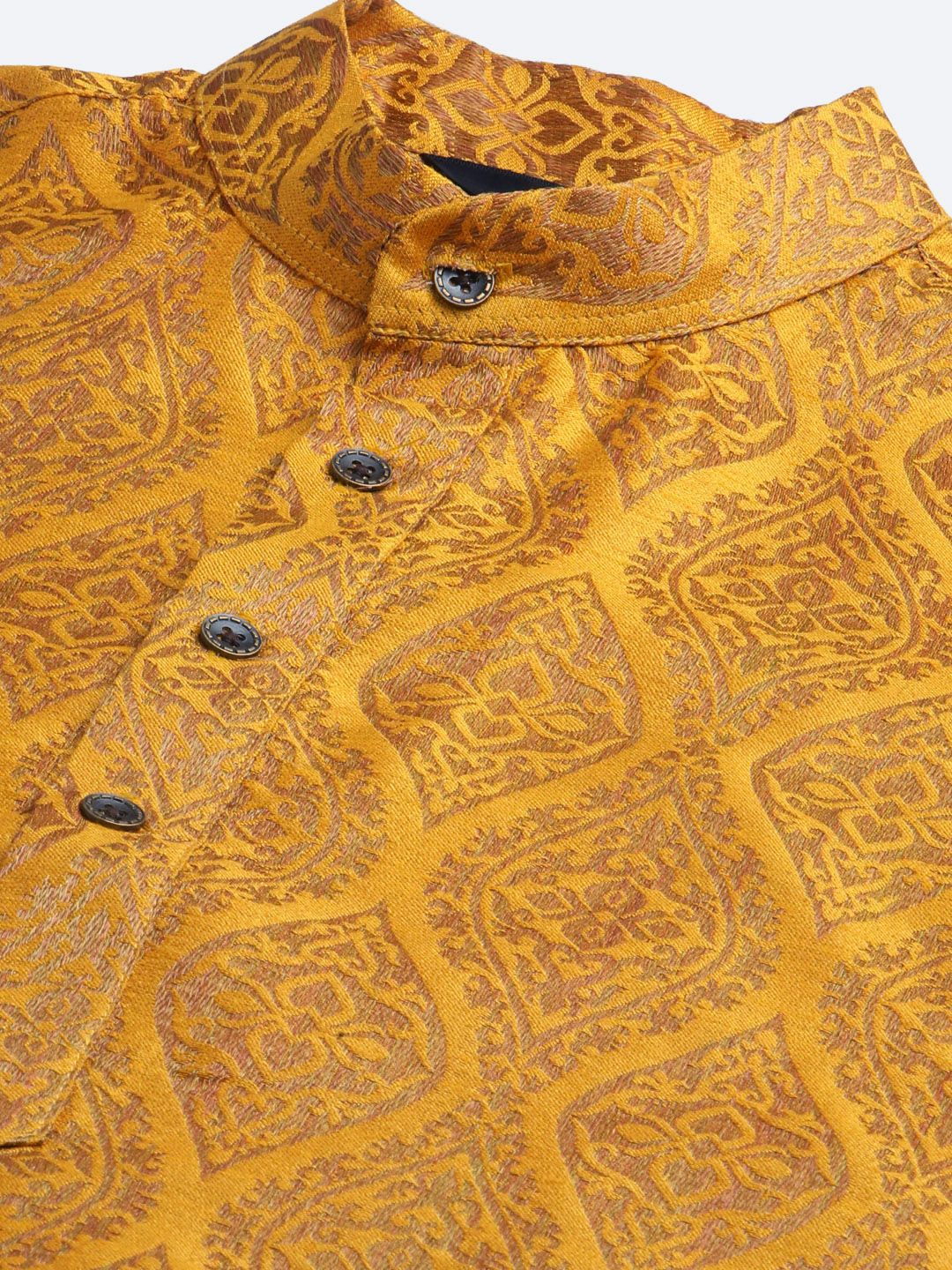SOJANYA Lelaki Mustard Motif Etnik Kuning Jacquard Kurta dengan Jaket Churidar & Nehru