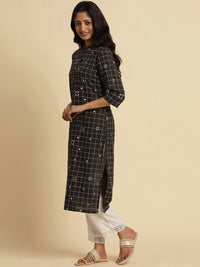 W Checked Mandarin Collar Pure Cotton Straight Kurta