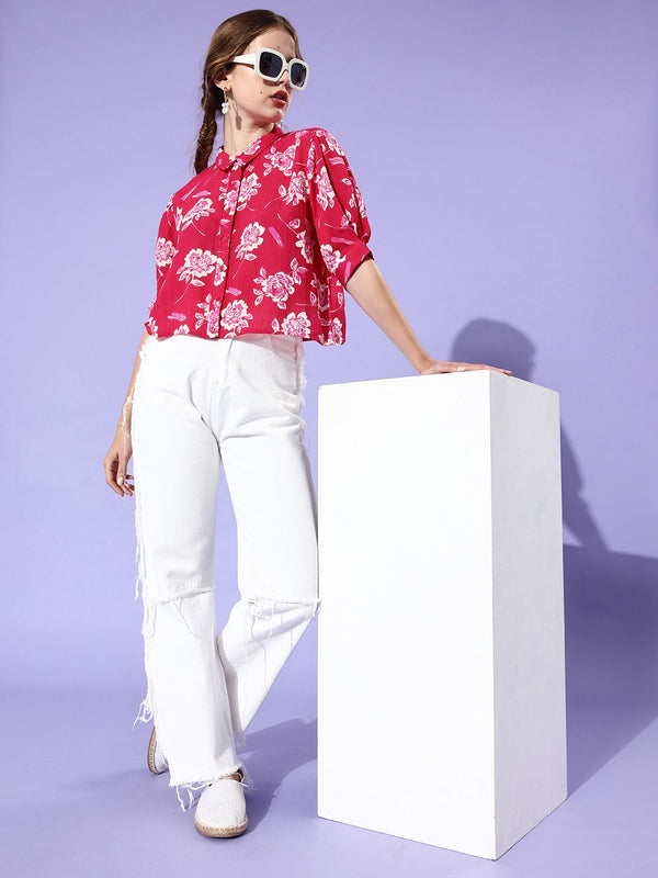 DressBerry Women Pink & White Slim Fit Floral Printed Casual Shirt