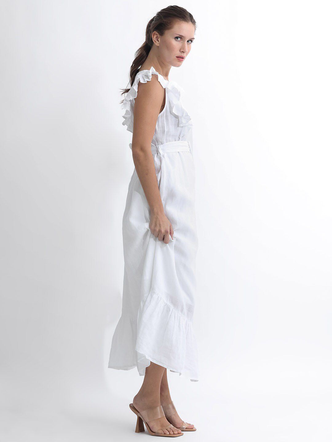 RAREISM Flutter Sleeve Linen A-Line Midi Dress