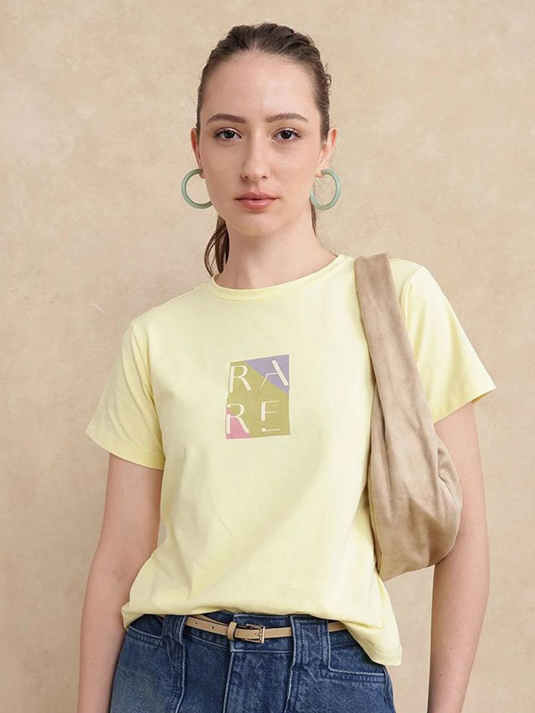 RAREISM Women Typography Printed Round Neck Cotton T-shirt
