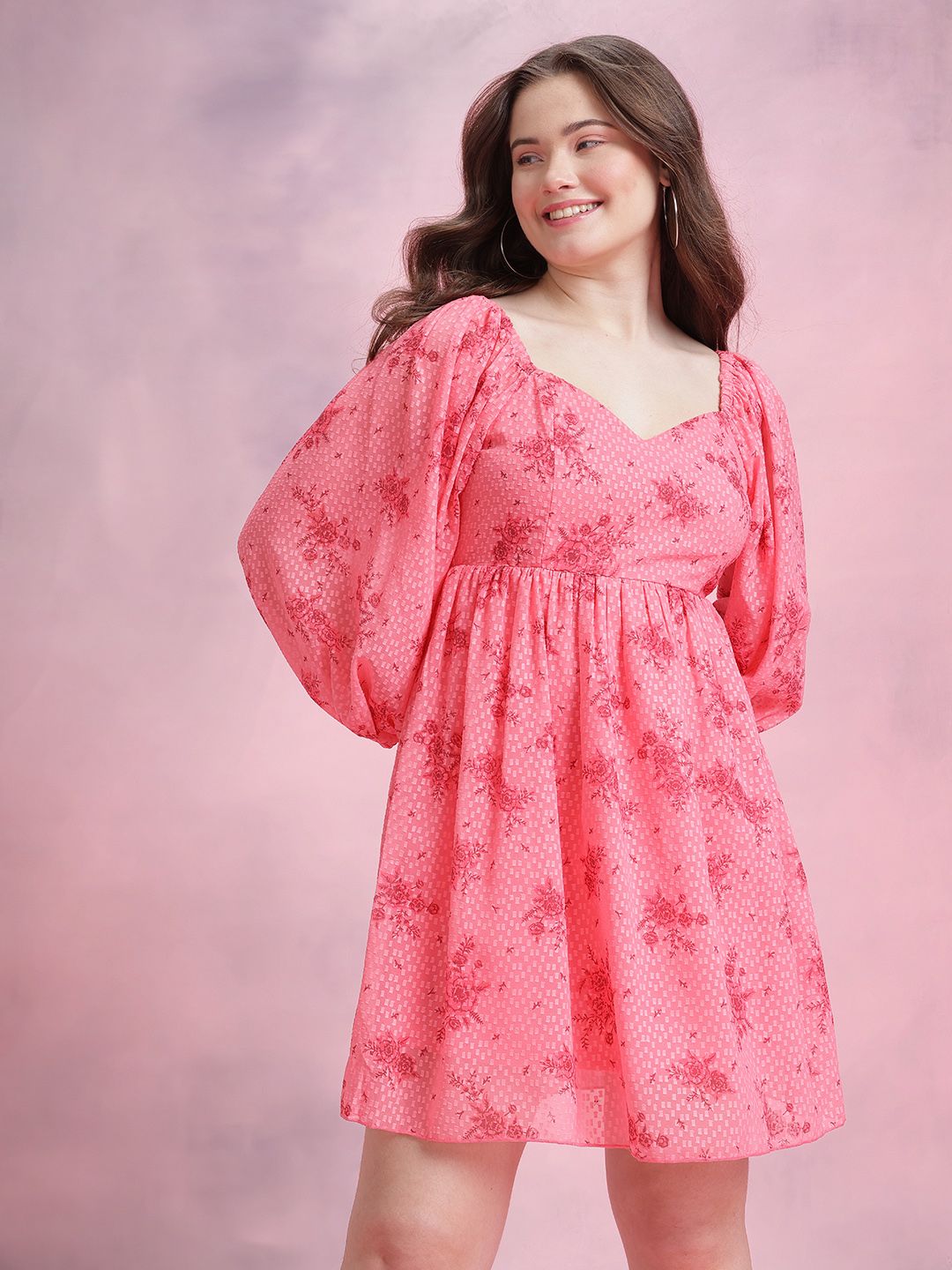 Pakaian Lengan Puff Fit & Flare Dressberry Floral Print