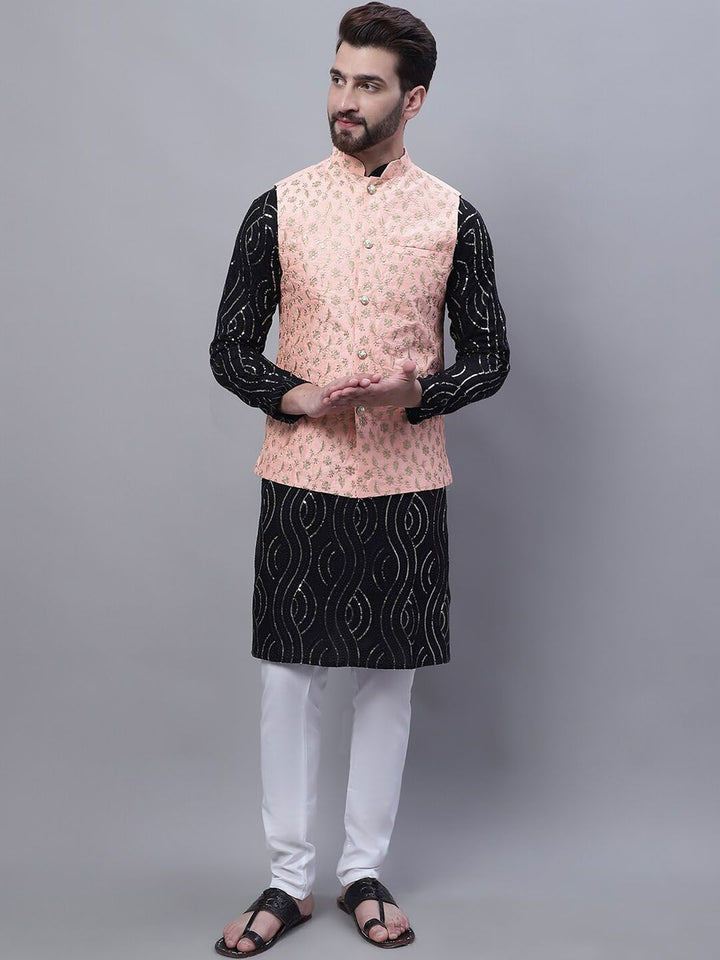 SOJANYA Embroidered Sequined Pure Cotton Kurta With Churidar With Nehru Jacket
