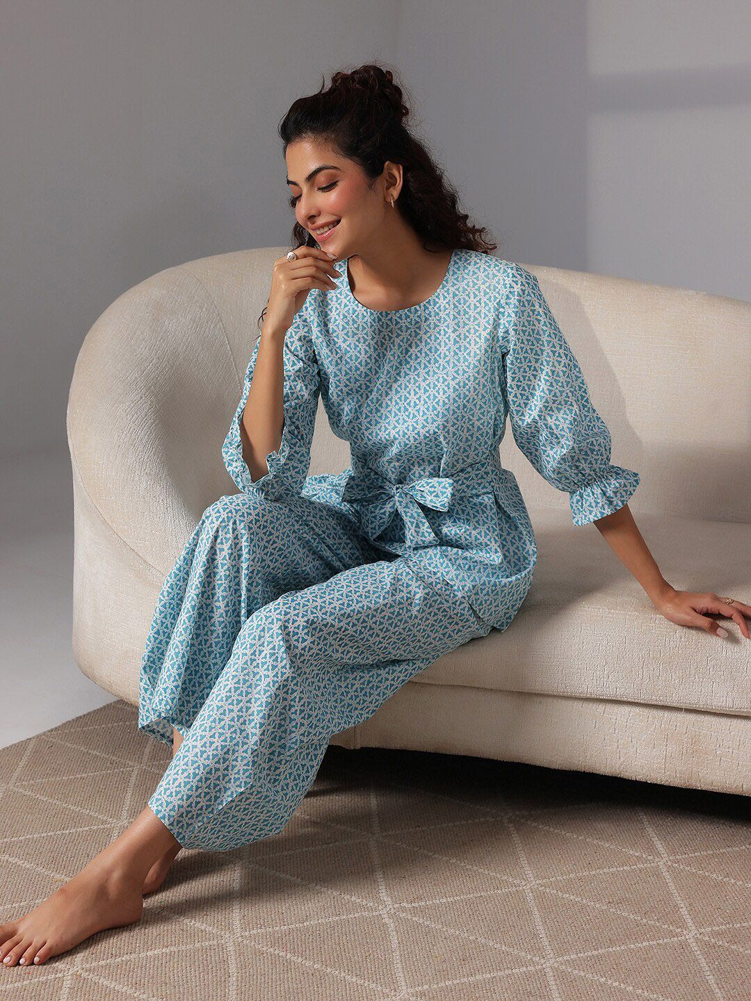 Libas Floral Geometric Printed Pure Cotton Bell Sleeves Tie Up Night Suit