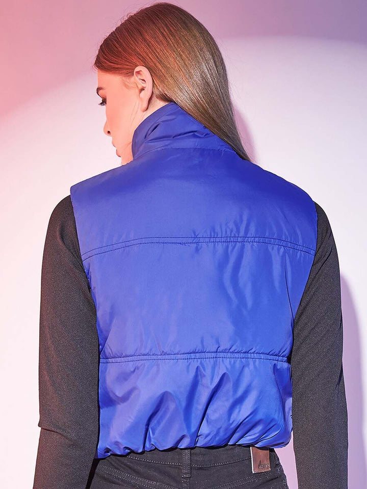 STREET 9 Blue Stand Collar Sleeveless Lightweight Crop Puffer Jacket