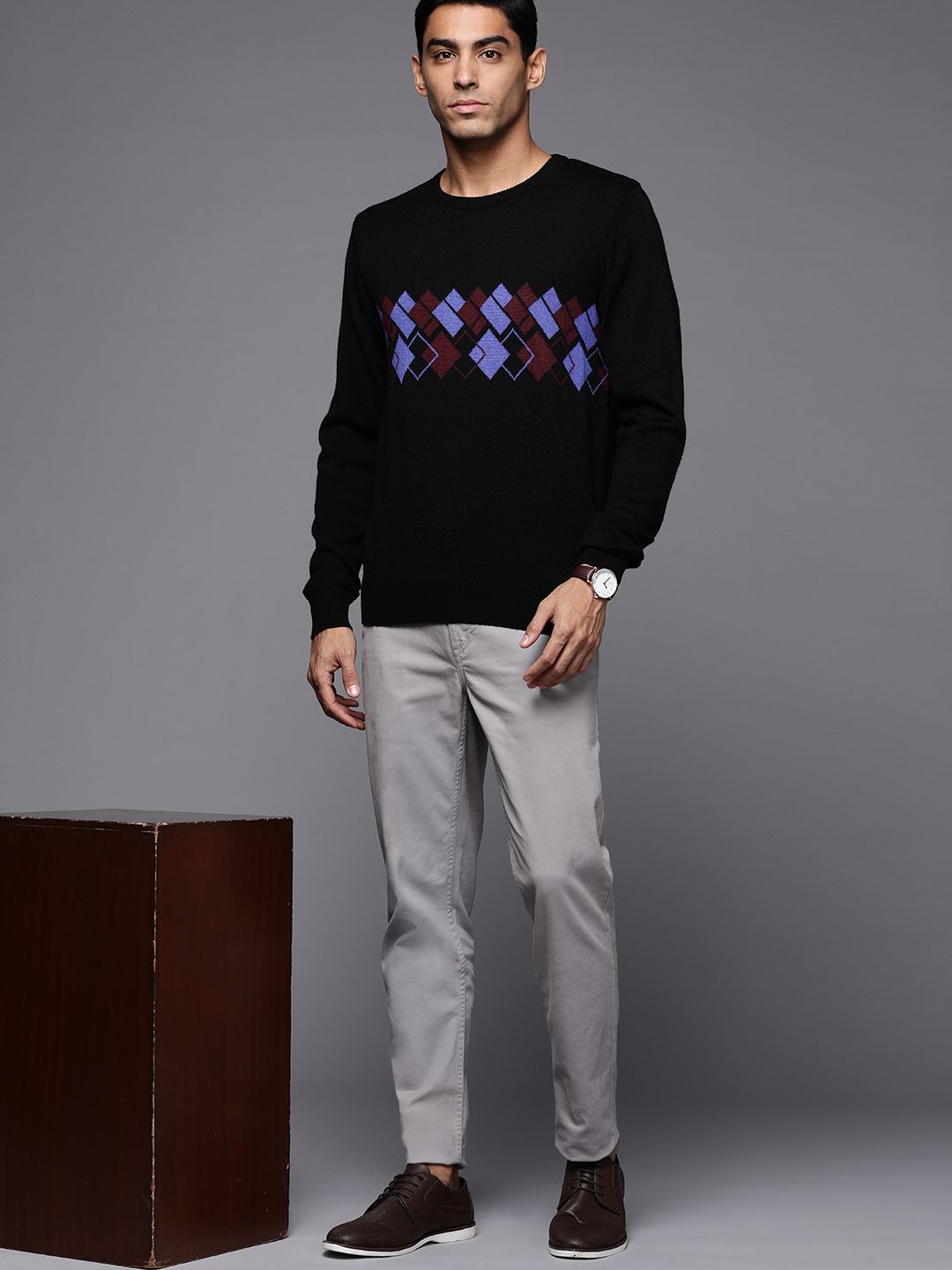 Raymond Men Black Self-Design Pullover
