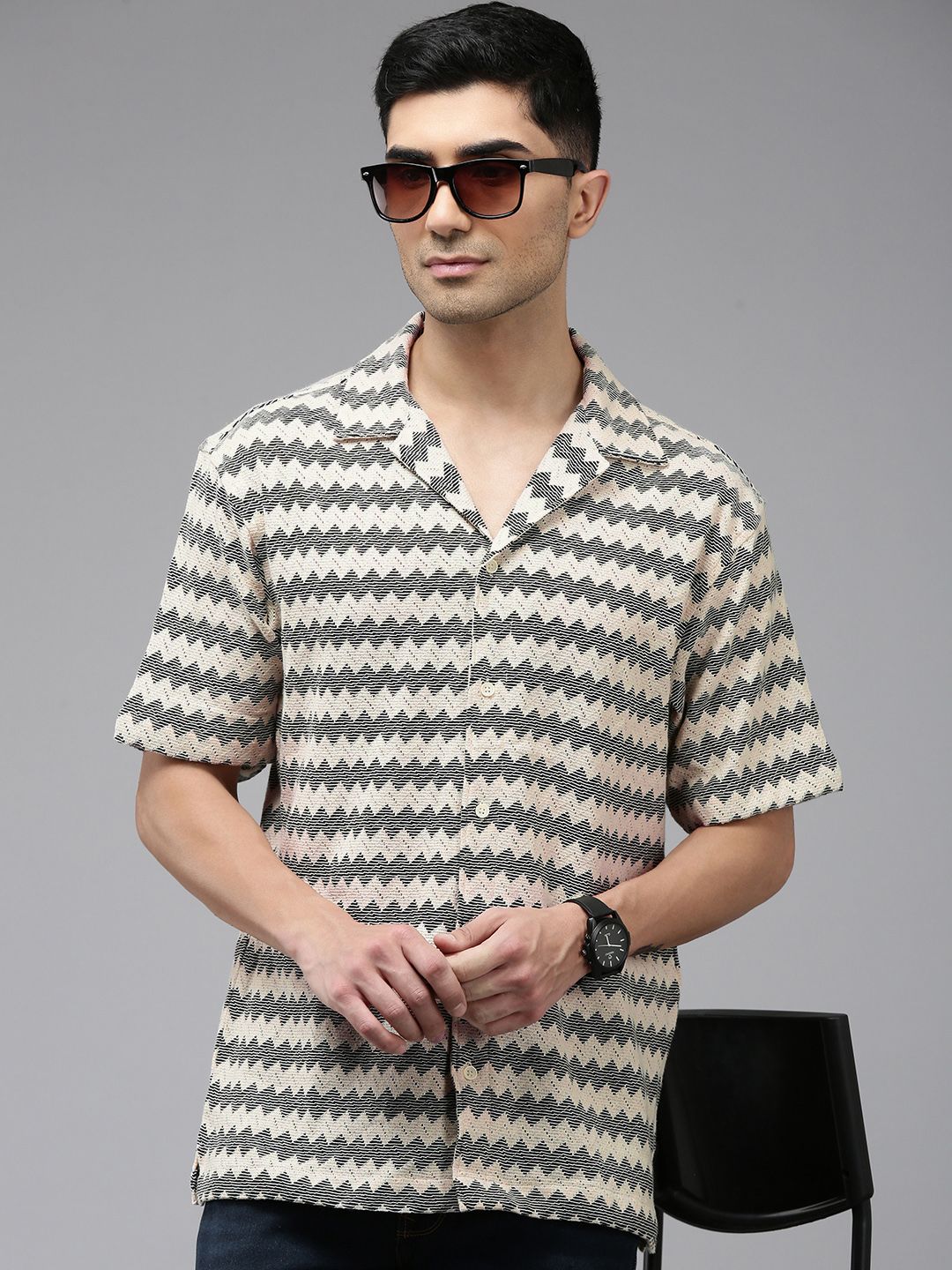 SPYKAR Self Design Textured Knitted Cuban Collar Relaxed Fit Casual  Shirt