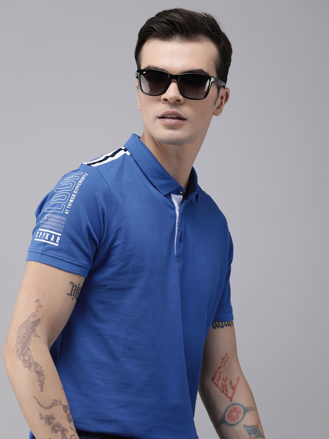 SPYKAR Men Polo Collar Indigo Pure Cotton Slim Fit T-shirt With Shoulder Taping Detail