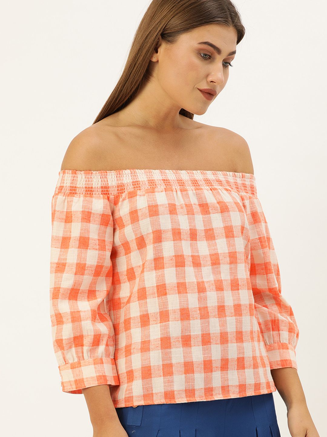 AND Coral Orange & Beige Checked Off-Shoulder Regular Top