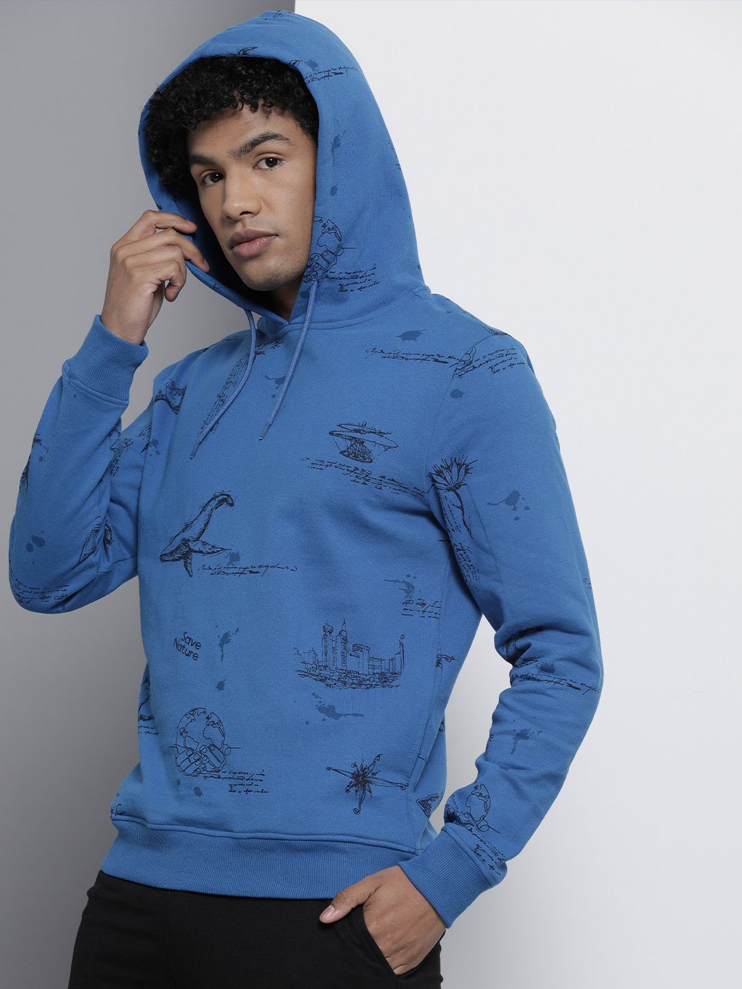 The Indian Garage Co Men Blue Printed Hooded Sweatshirt