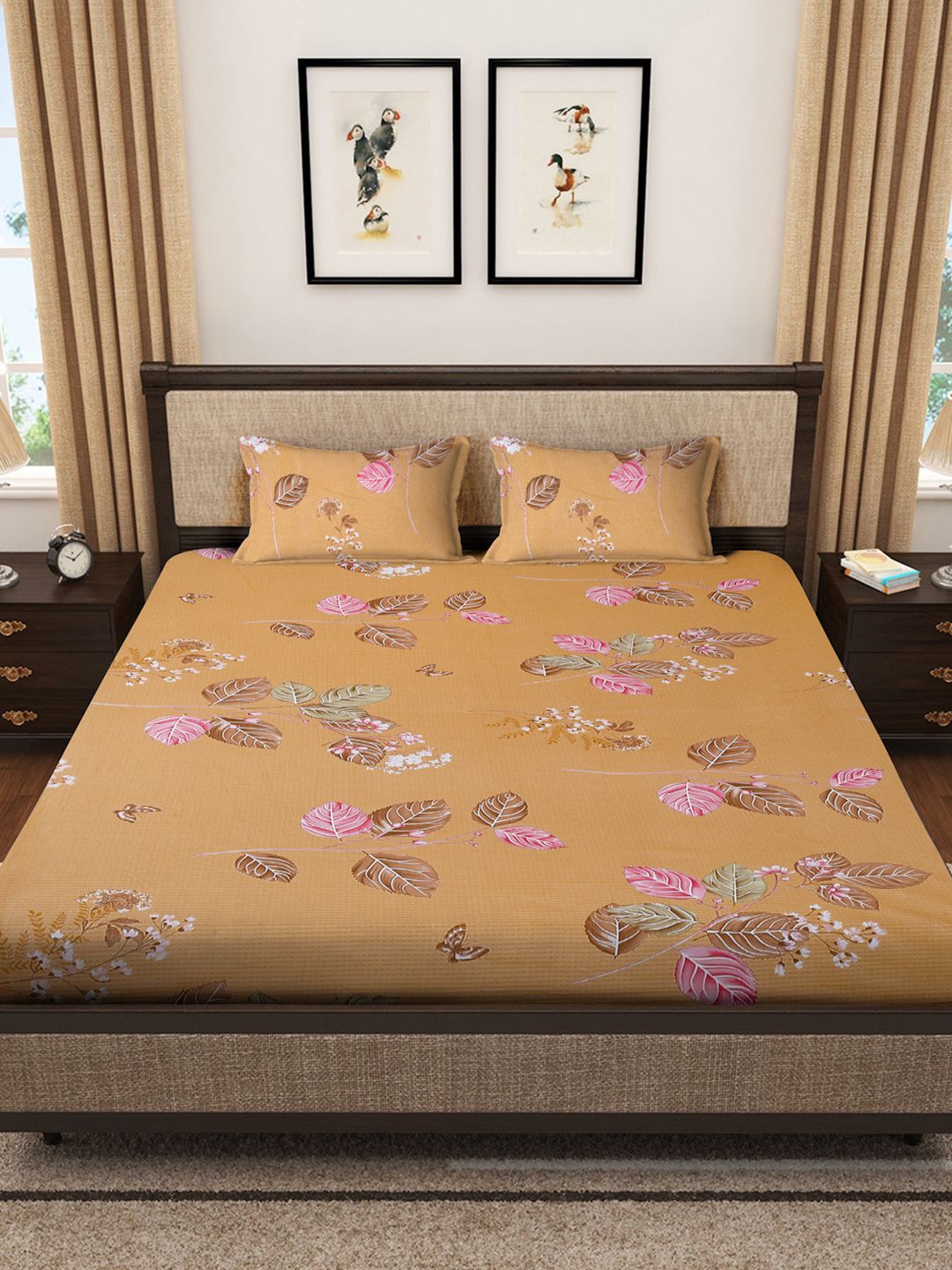 KLOTTHE Coklat Bunga Kapas 400 TC Cadar King Superfine dengan 2 Sarung Bantal-98 x 89 inci