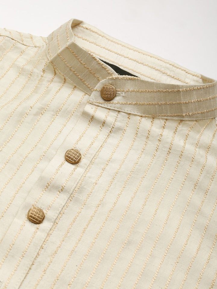SOJANYA Men Beige Striped Kurta with Pyjamas & Nehru Jacket