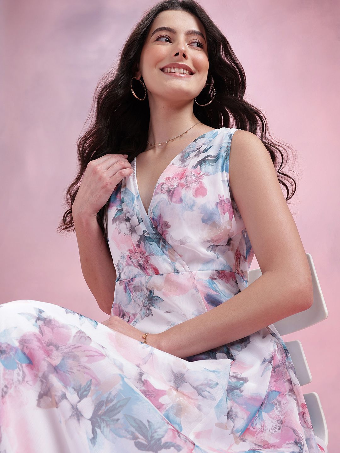 DressBerry Floral Print Paneled Empire Midi Dress