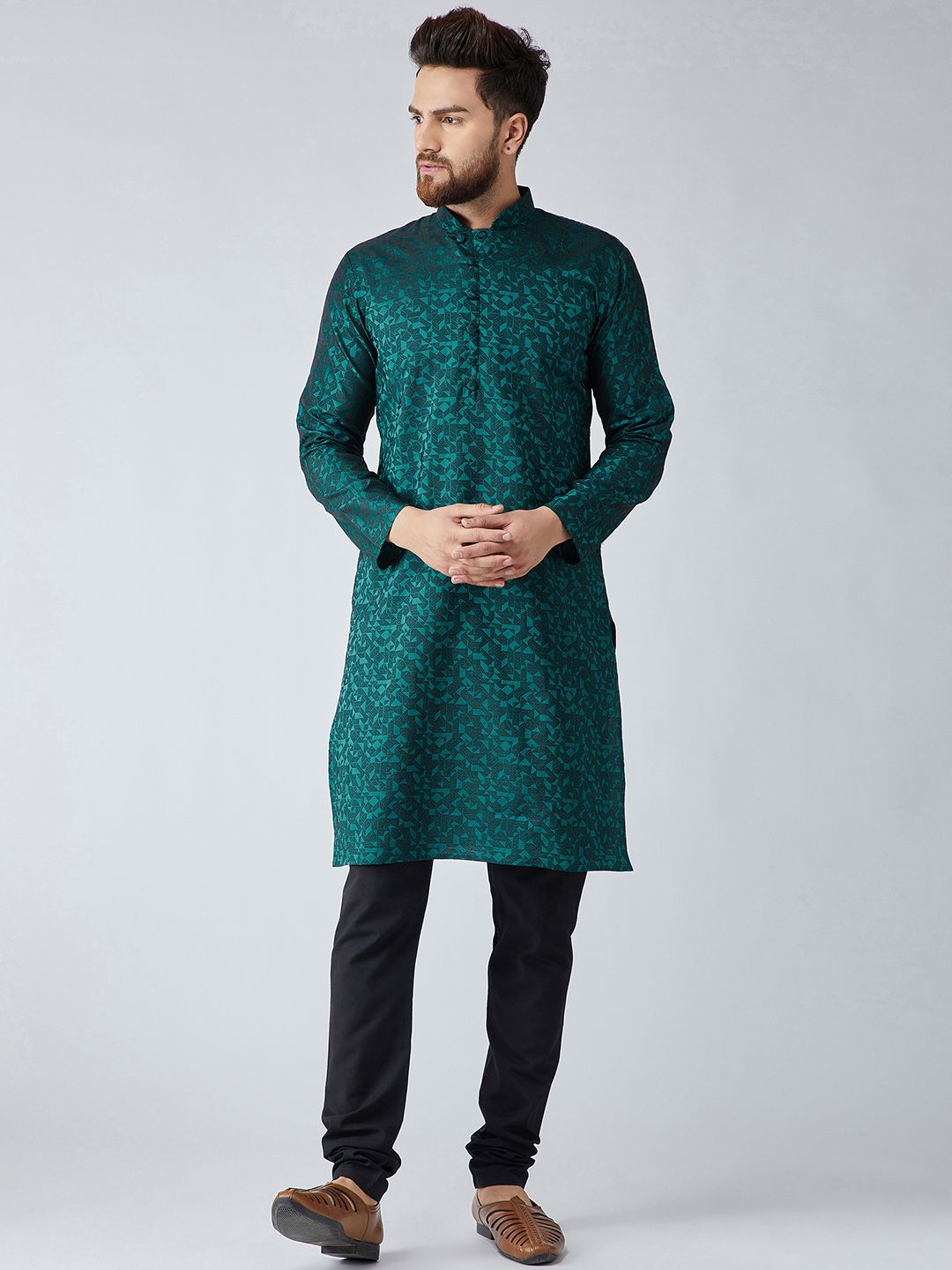 SOJANYA Men Teal Green Woven Design Kurta Lurus