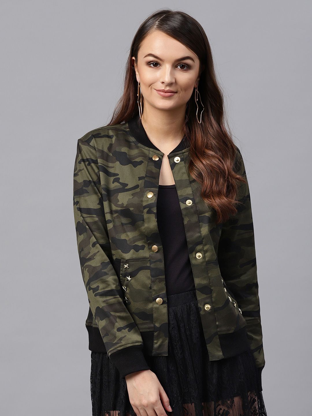 SASSAFRAS Women Olive Green & Black Printed Bomber Jacket