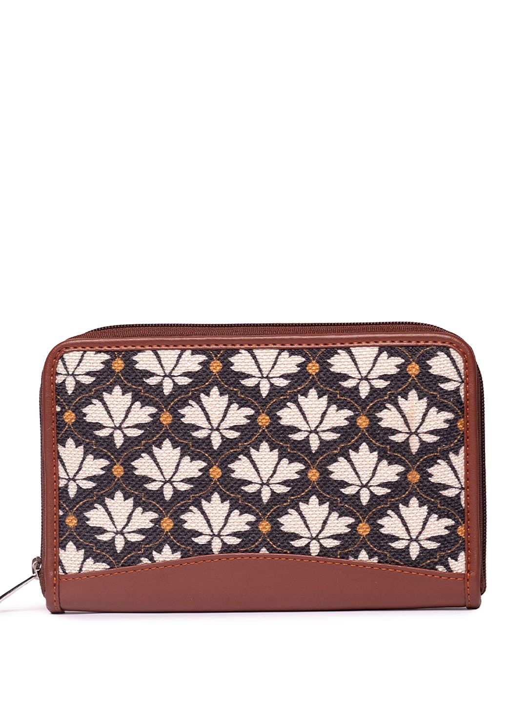 ZOUK Women Maroon & Black Floral Printed Zip Detail Zip Around Wallet