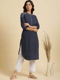 W Floral Embroidered Mandarin Collar Cotton Regular Kurta