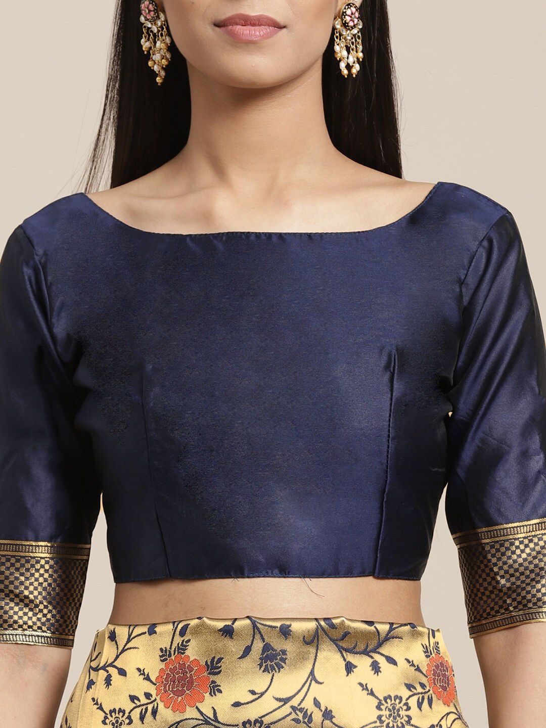 Saree mall Golden & Navy Blue Floral Woven Design Banarasi Saree
