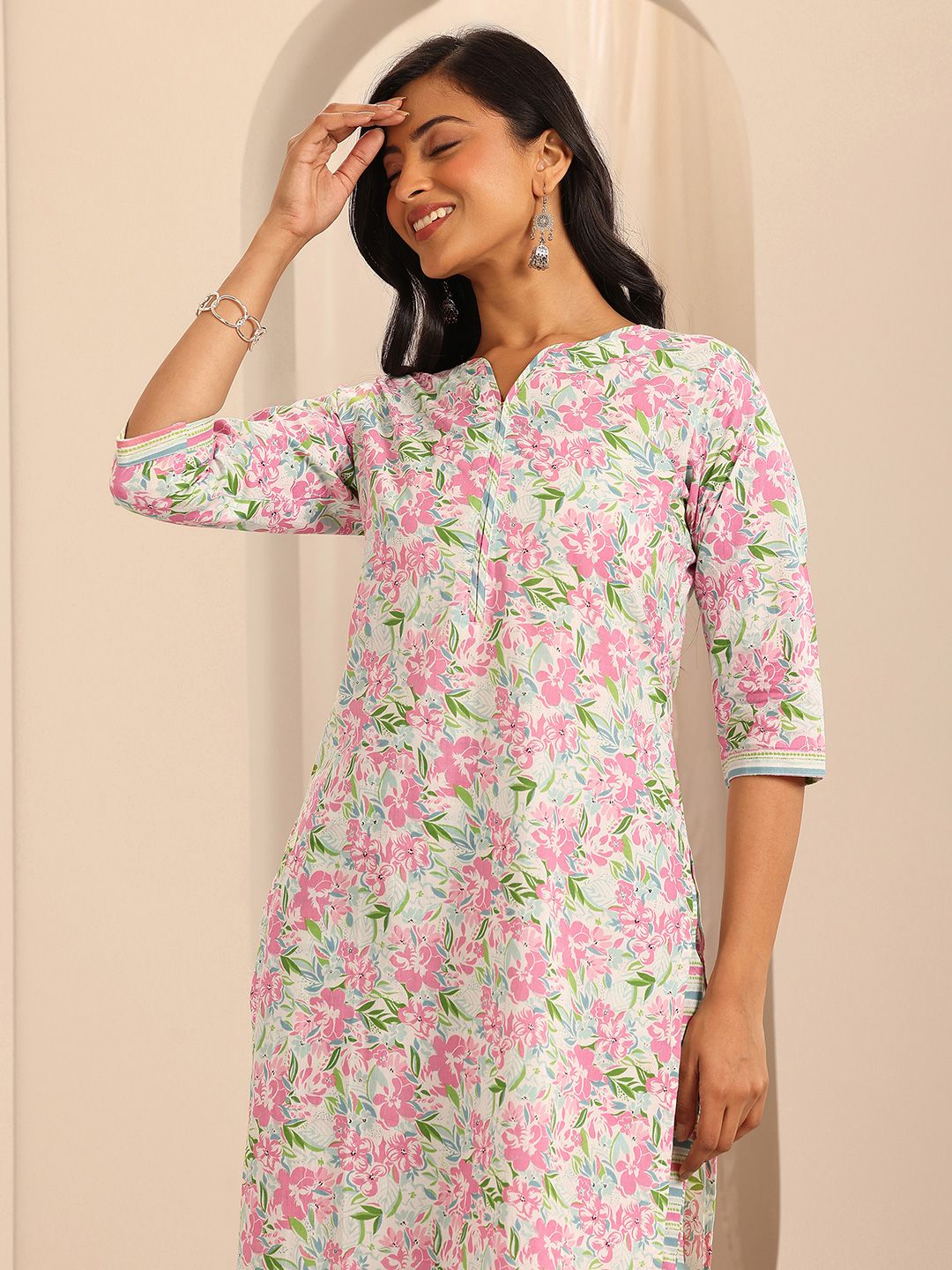Libas Off white Floral Printed Pure Cotton Straight Kurta With Palazzos & Dupatta