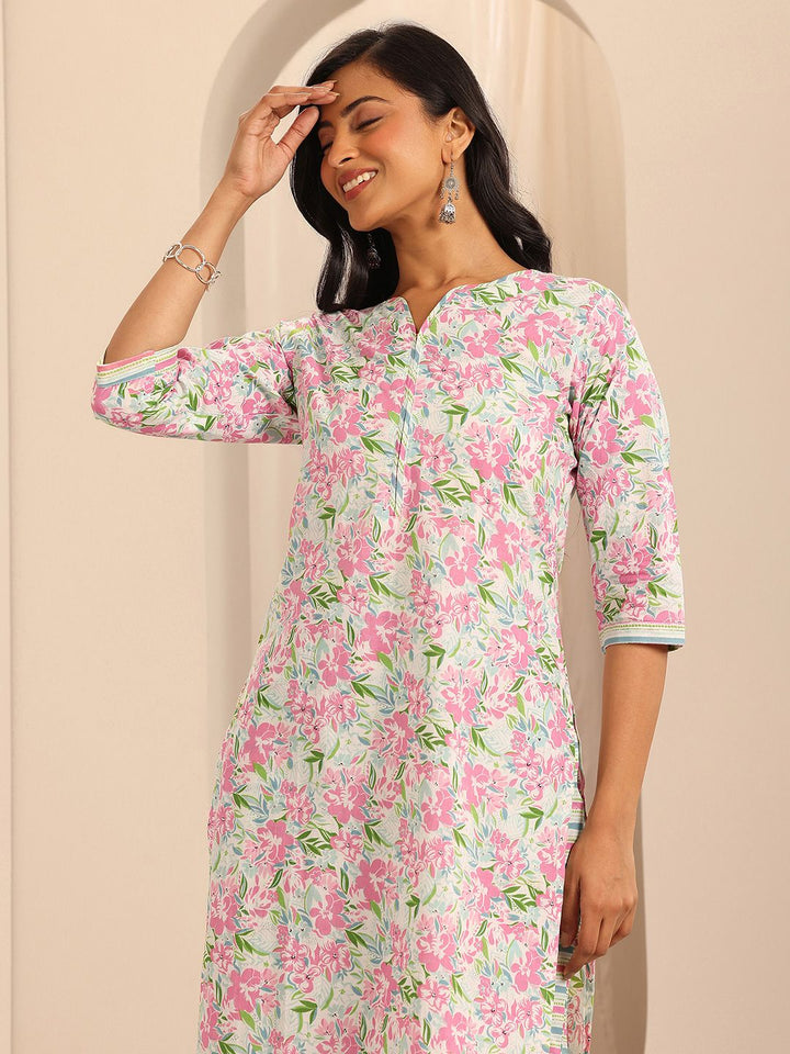 Libas Off white Floral Printed Pure Cotton Straight Kurta With Palazzos & Dupatta