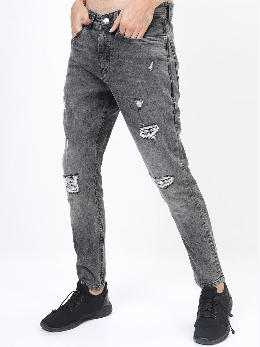 LOCOMOTIVE Men Grey Tapered Fit Mildly Distressed Stretchable Jeans