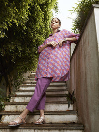 Anouk Women Purple And Orange Striped And Printed Empire Pure Cotton Kurti with Trousers