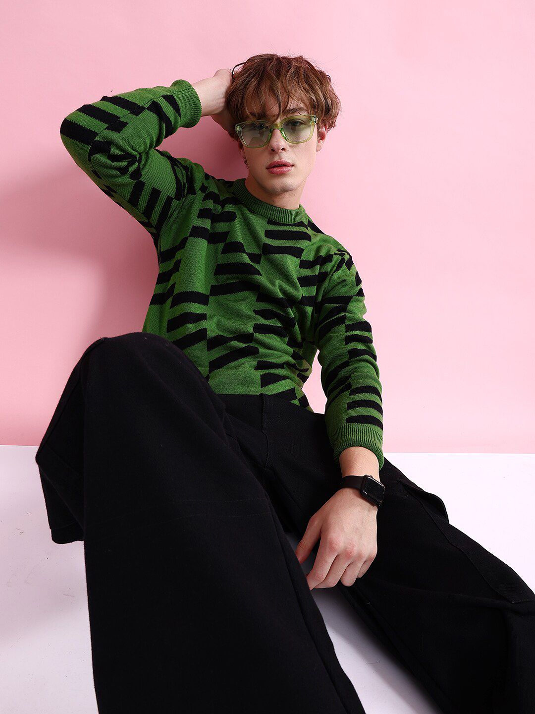 The Indian Garage Co Geometric Printed Long Sleeves Acrylic Pullover Sweater