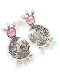PANASH Silver-Plated Stones Studded And Beaded Contemporary Shaped Oxidized Drop Earrings
