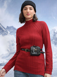 Tokyo Talkies Ribbed High Neck Embellished Detail Acrylic Pullover