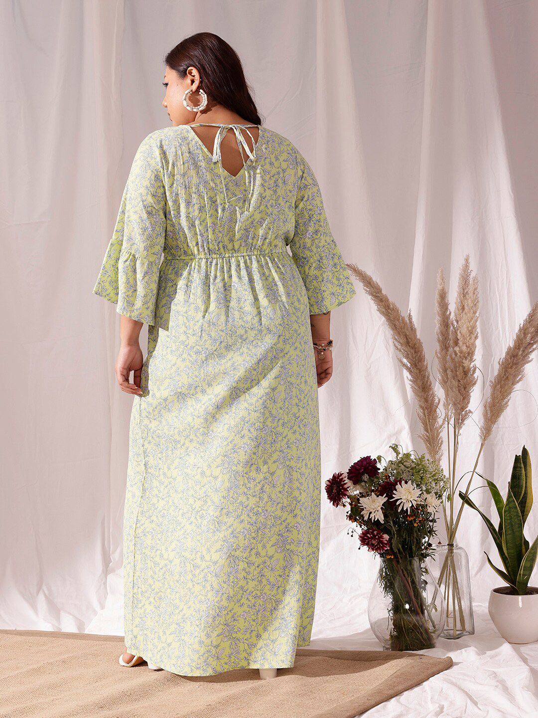 CURVY STREET Plus Size Floral Print V-Neck Long Bell Sleeve Fit & Flare Dress