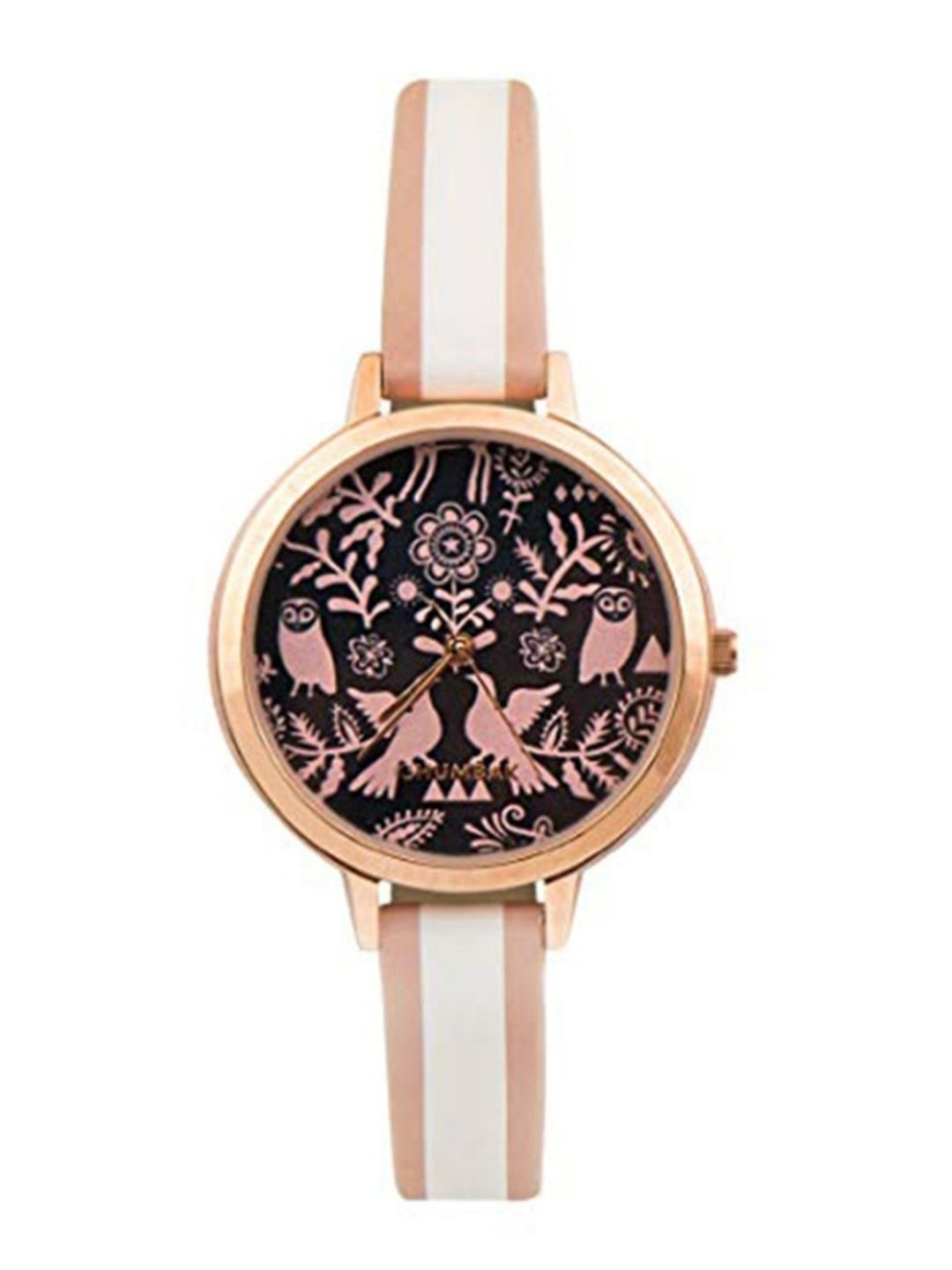 Teal oleh Chumbak Women Black Brass Printed Dail & White Leather Gelang Gaya Tali Analog Watch