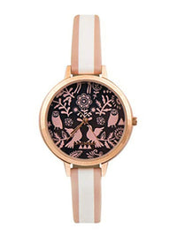 Teal oleh Chumbak Women Black Brass Printed Dail & White Leather Gelang Gaya Tali Analog Watch