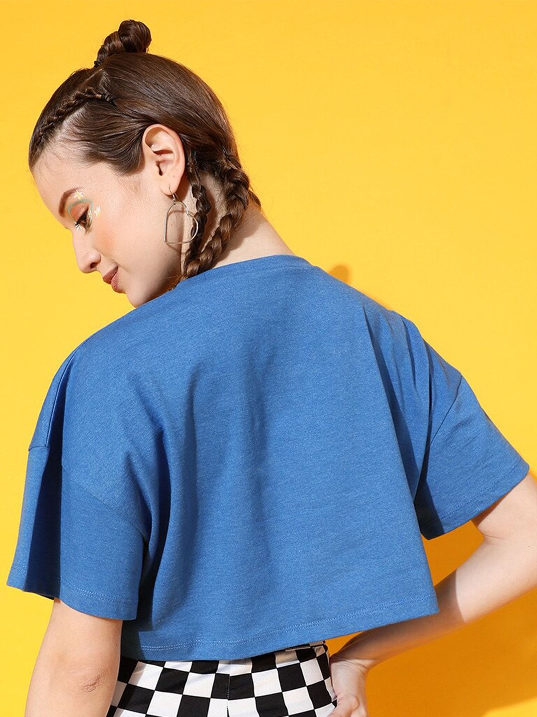 STREET 9 Women Blue Typography Printed Oversized  Crop T-shirt