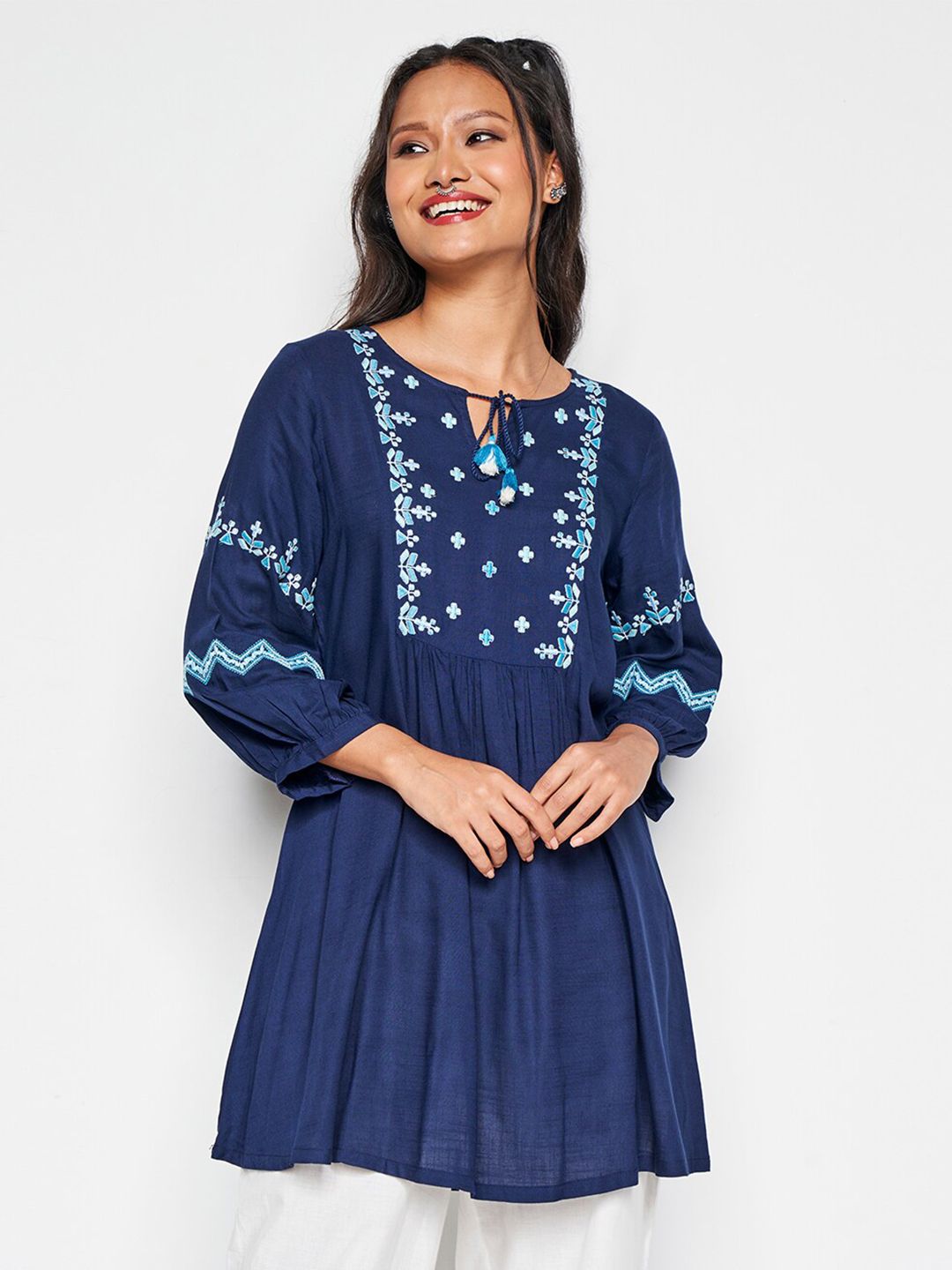Global Desi Floral Embroidered Tie-Up Neck Tunic