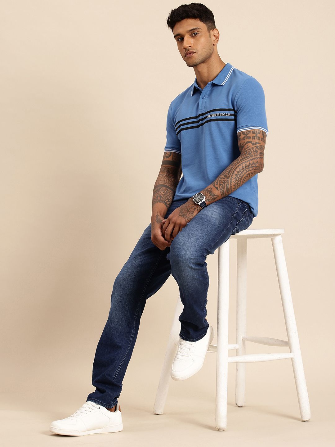 Being Human Pure Cotton Striped Polo Collar T-shirt