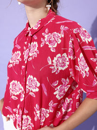DressBerry Women Pink & White Slim Fit Floral Printed Casual Shirt