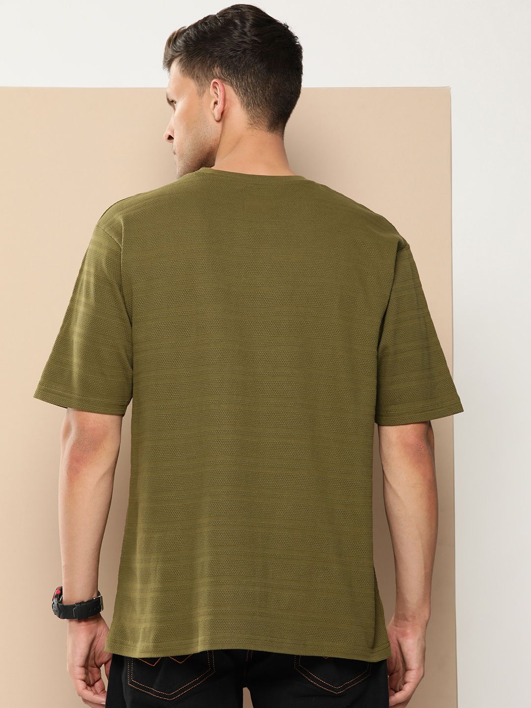 Difference of Opinion Men Olive Green Cotton Drop-Shoulder Oversized Fit T-shirt
