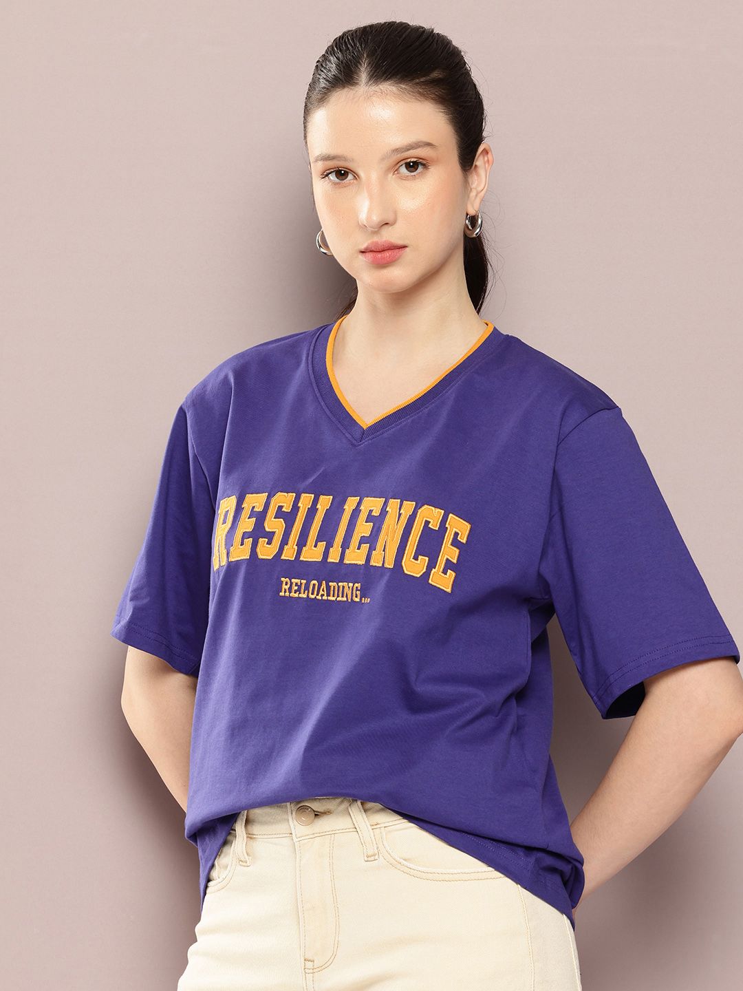 DILLINGER Women Oversized Embroidery V-Neck Tshirt