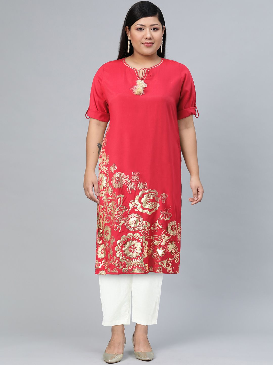 Global Desi Women Red Printed Straight Kurta
