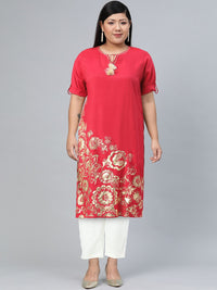 Global Desi Women Red Printed Straight Kurta