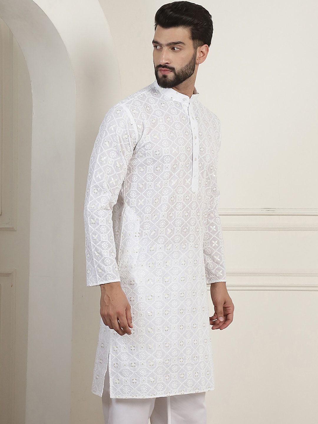 SOJANYA Ethnic Motifs Embroidered Mandarin Collar Sequined Pure Cotton Straight Kurta