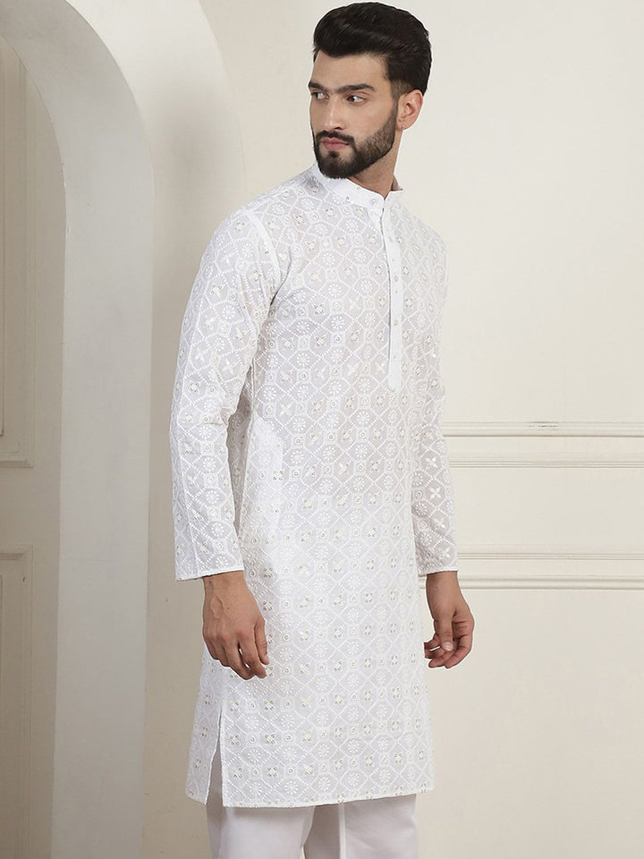 SOJANYA Ethnic Motifs Embroidered Mandarin Collar Sequined Pure Cotton Straight Kurta