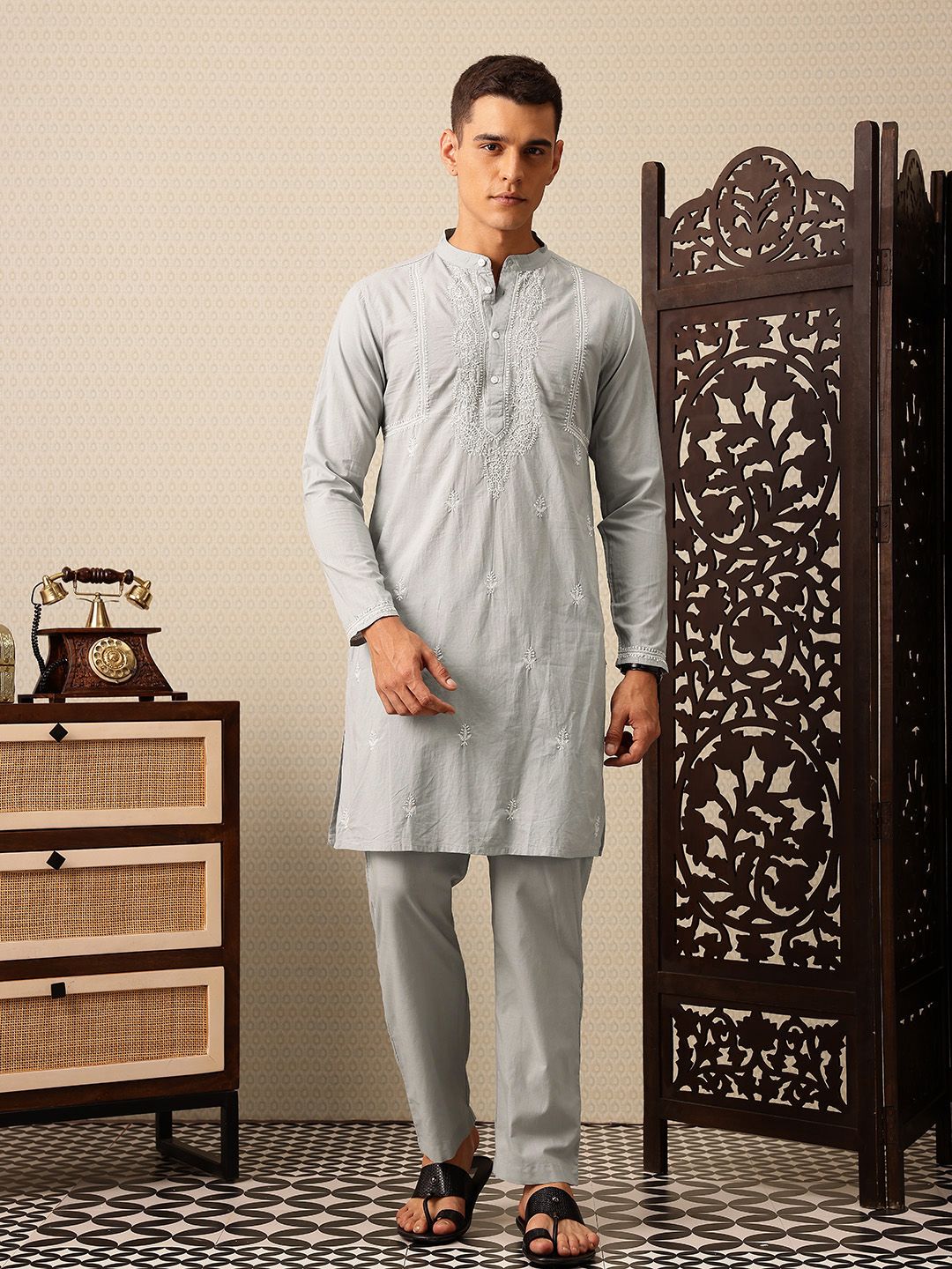 House of Pataudi Embroidered Band Collar Thread Work Pure Cotton Jashn Kurta with Trousers
